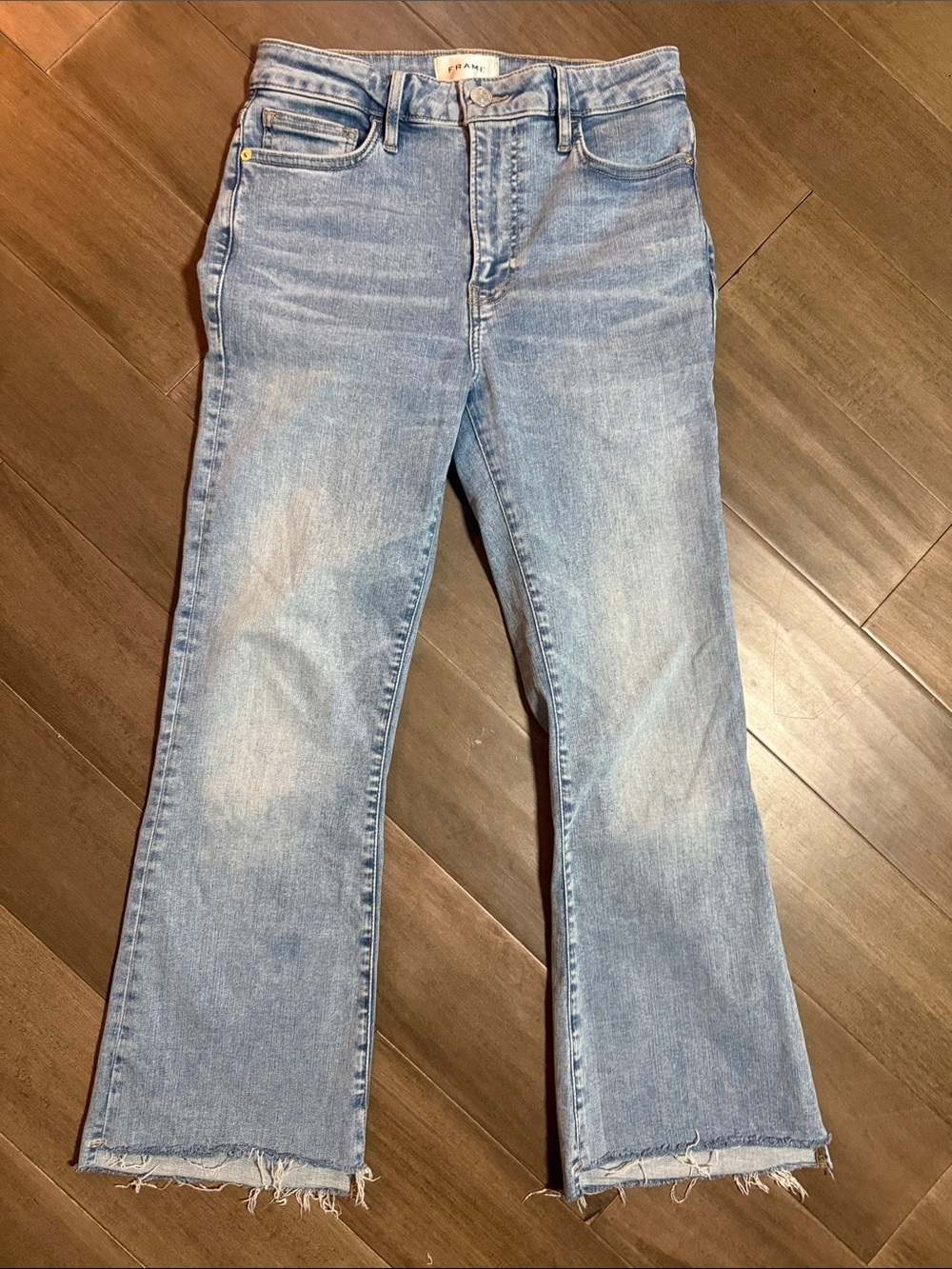 FRAME Le Crop Mini Boot Jeans Light Wash Raw Hem Size 27